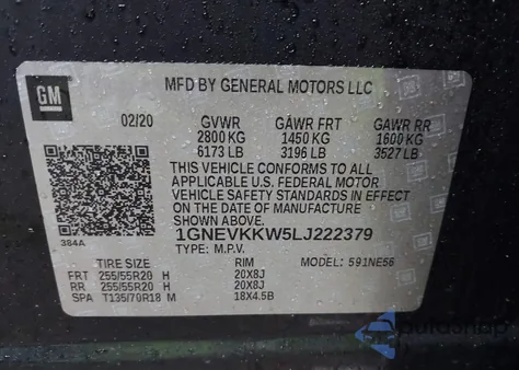 2020 Chevrolet Traverse Awd Premier z USA, uszkodzony, nr VIN 1GNEVKKW5LJ222379